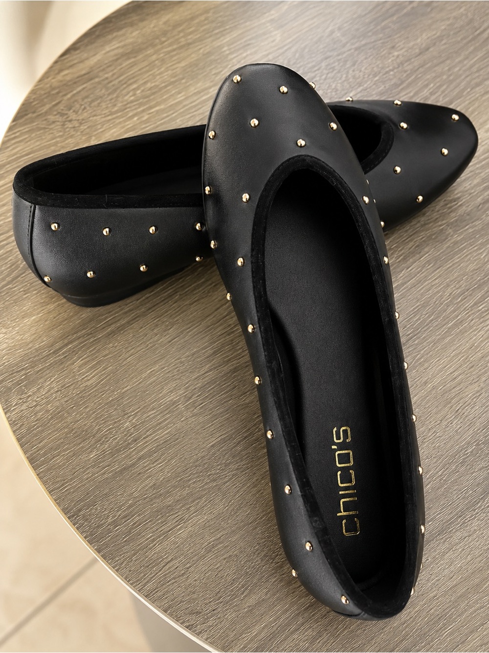 Chico's Black Ballet Flats with Gold Stud Details
